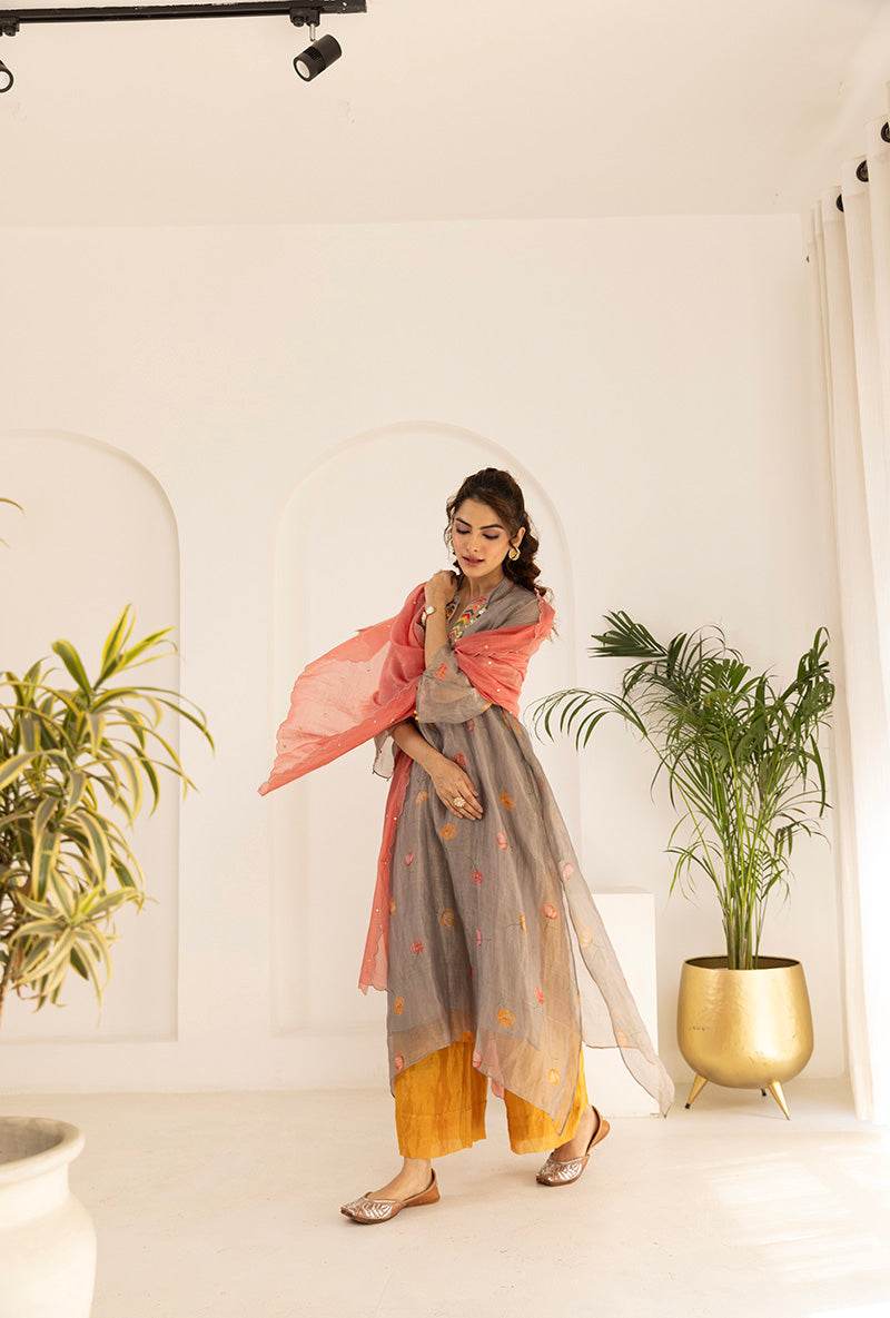 Grey All Over Printed Tissue Ruhi Kurta Set