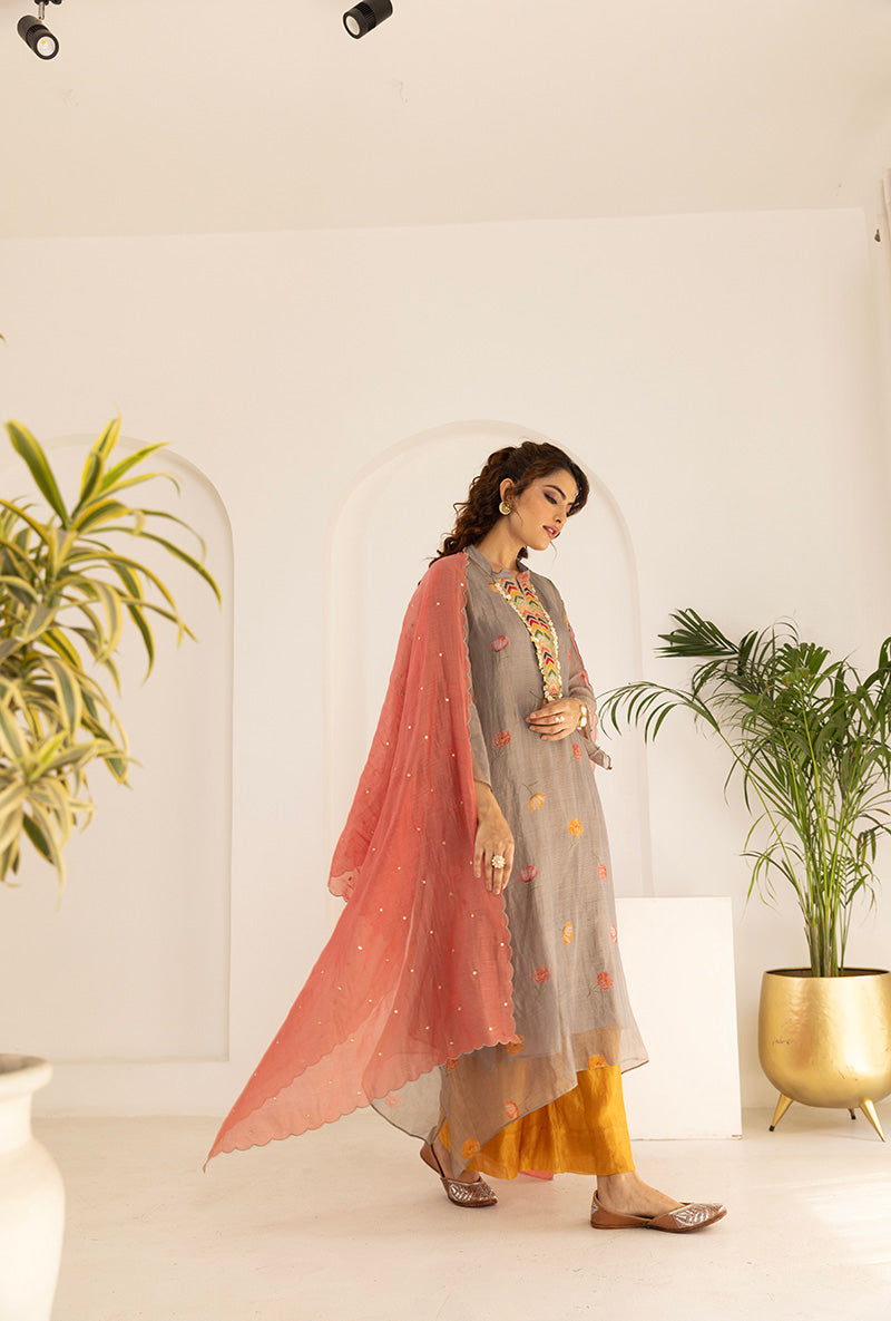Grey All Over Printed Tissue Ruhi Kurta Set