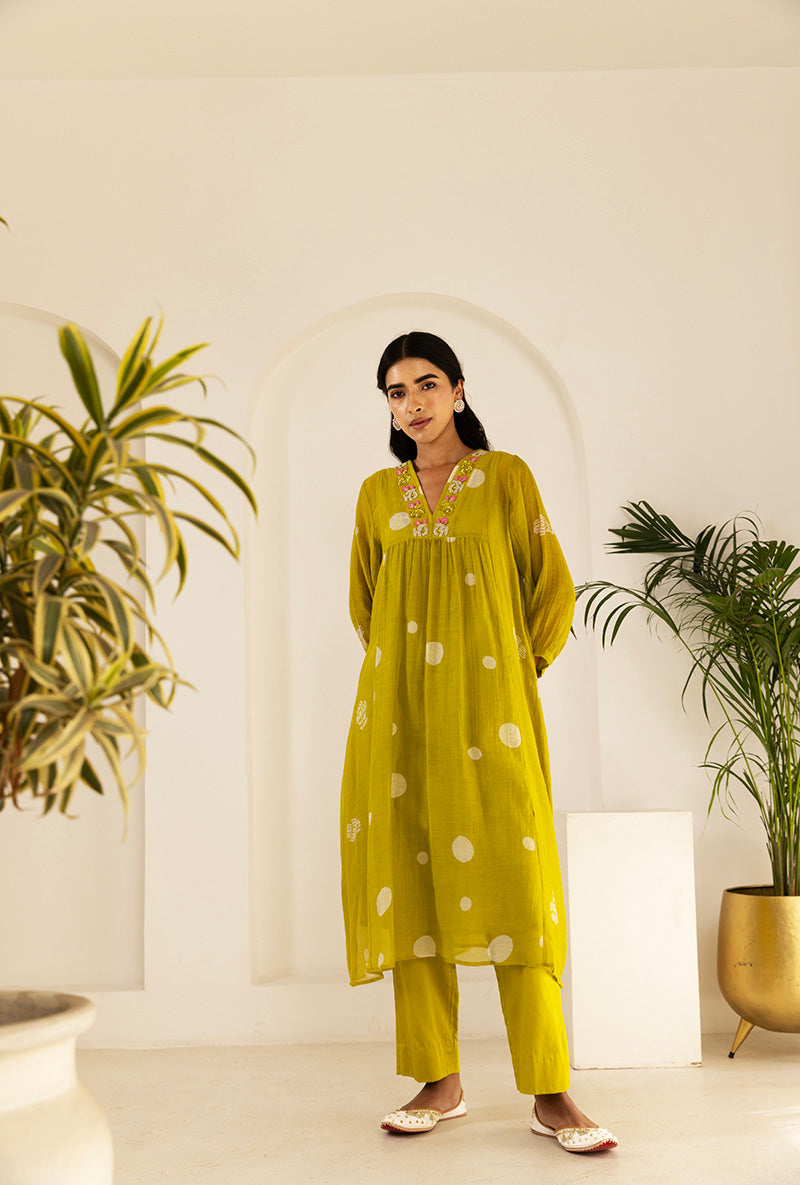 Lime Green Polka Hand Block  Print Ruhi Kurta Set