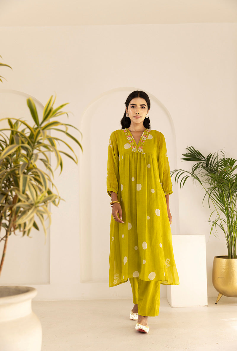 Lime Green Polka Hand Block  Print Ruhi Kurta Set