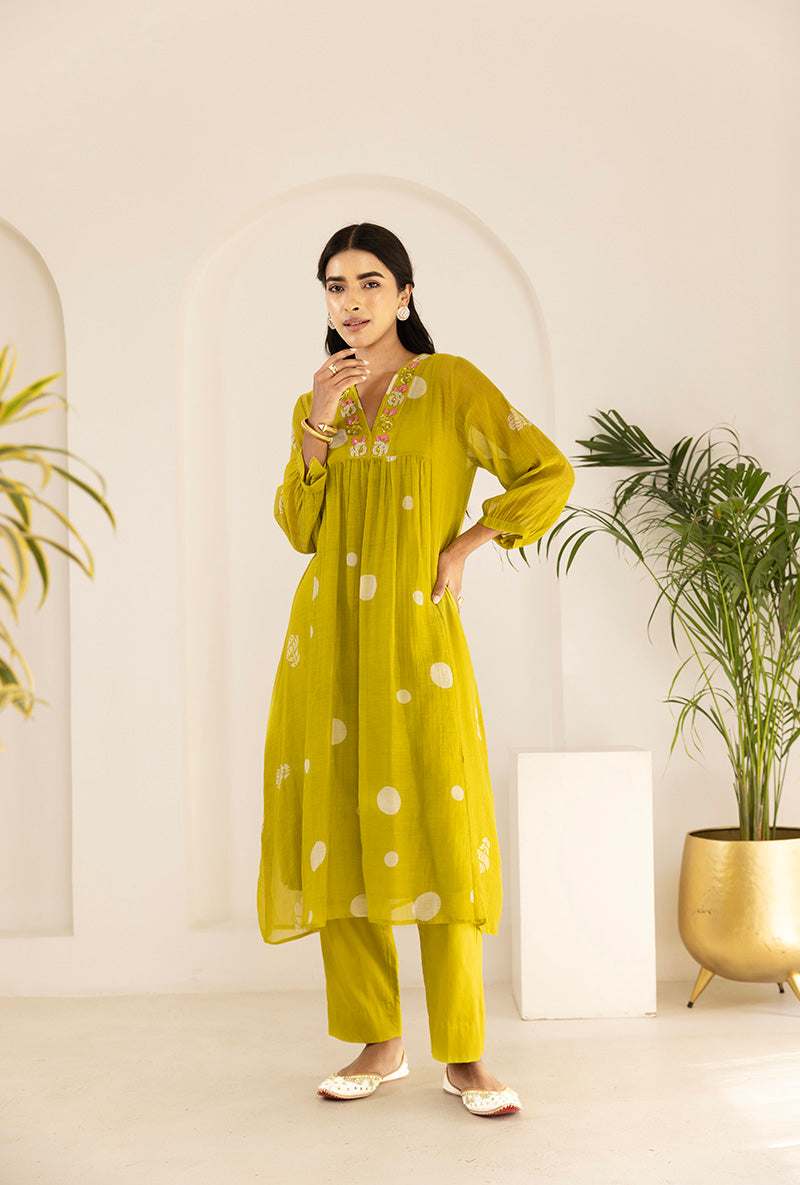 Lime Green Polka Hand Block  Print Ruhi Kurta Set