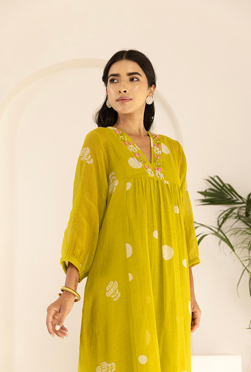 Lime Green Polka Hand Block  Print Ruhi Kurta Set