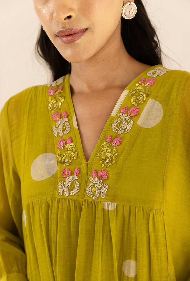 Lime Green Polka Hand Block  Print Ruhi Kurta Set