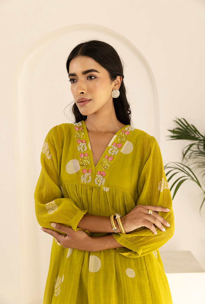 Lime Green Polka Hand Block  Print Ruhi Kurta Set