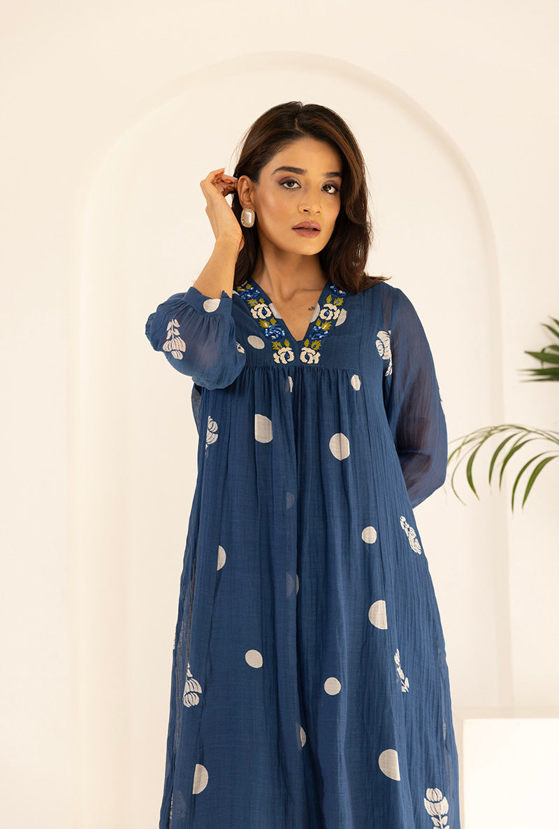 Blue Polka Hand Block Print Ruhi Kurta Set