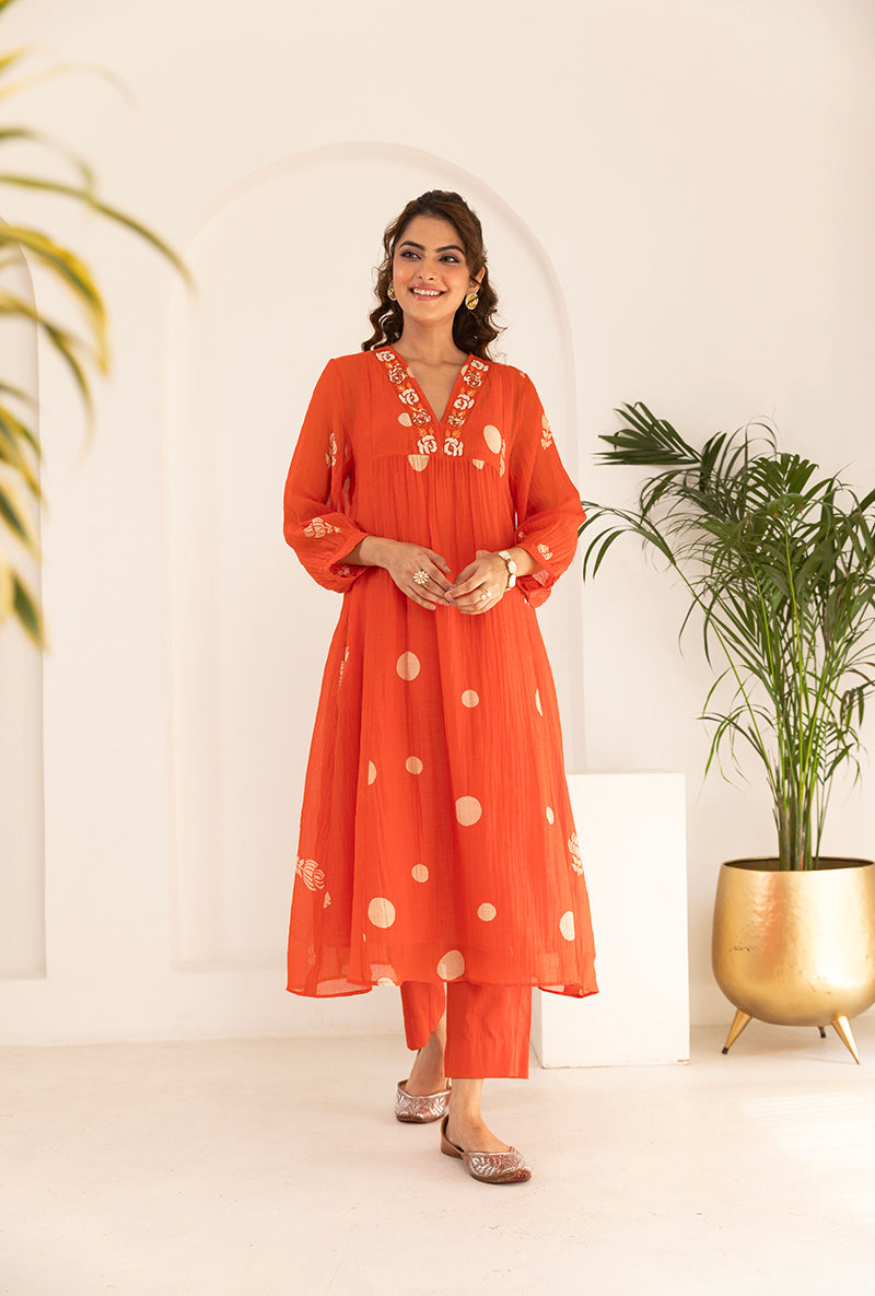 Mehal Kejriwal in Orange Polka  Hand Block Print Ruhi Kurta Set