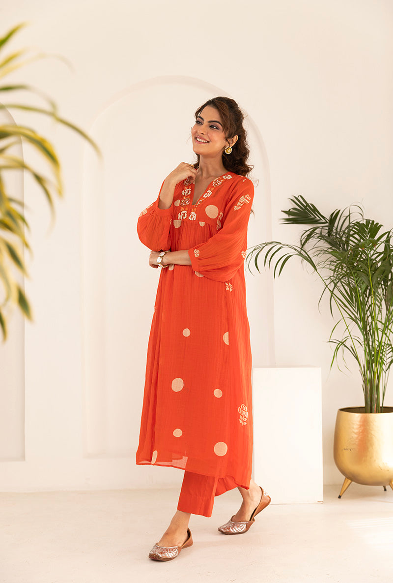 Mehal Kejriwal in Orange Polka  Hand Block Print Ruhi Kurta Set