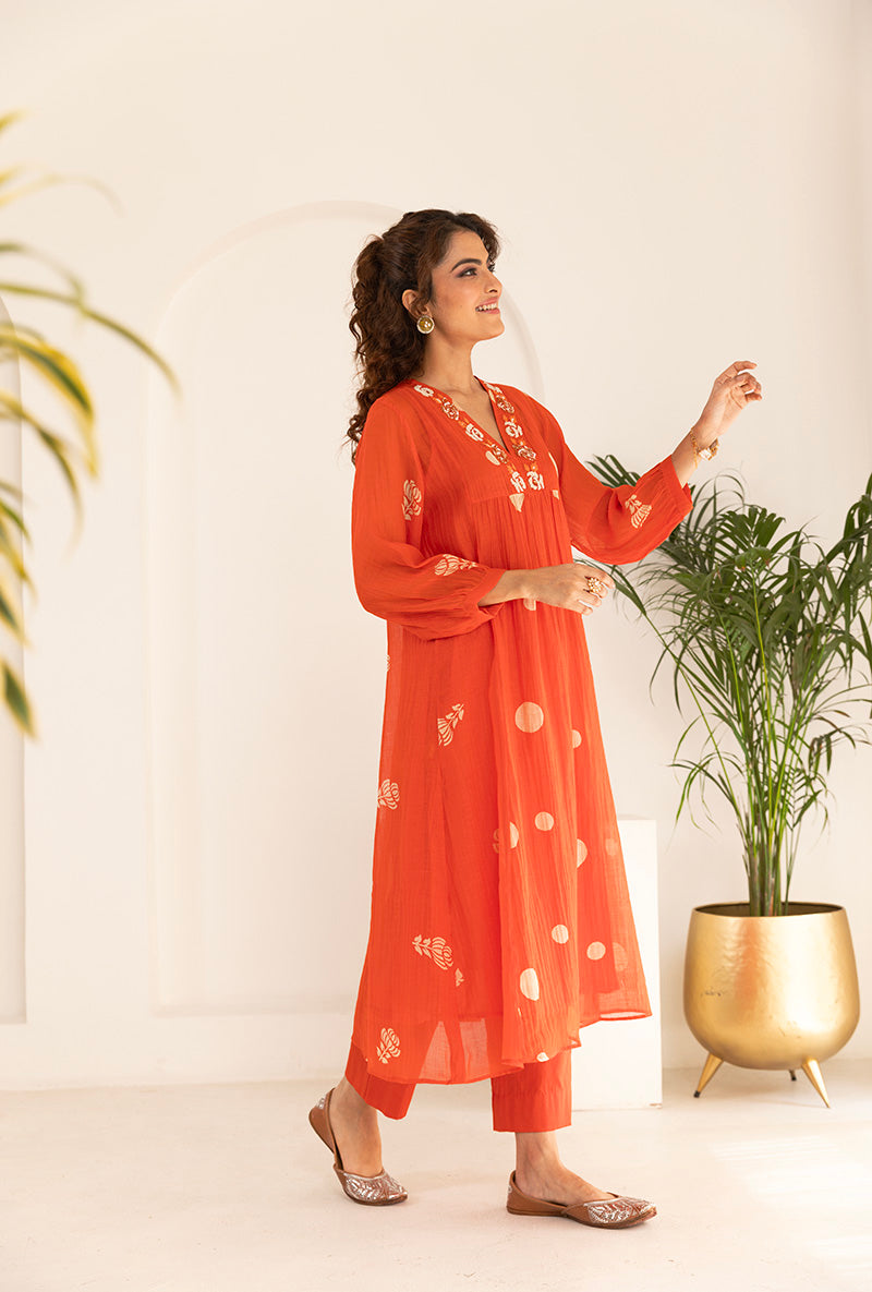 Mehal Kejriwal in Orange Polka  Hand Block Print Ruhi Kurta Set