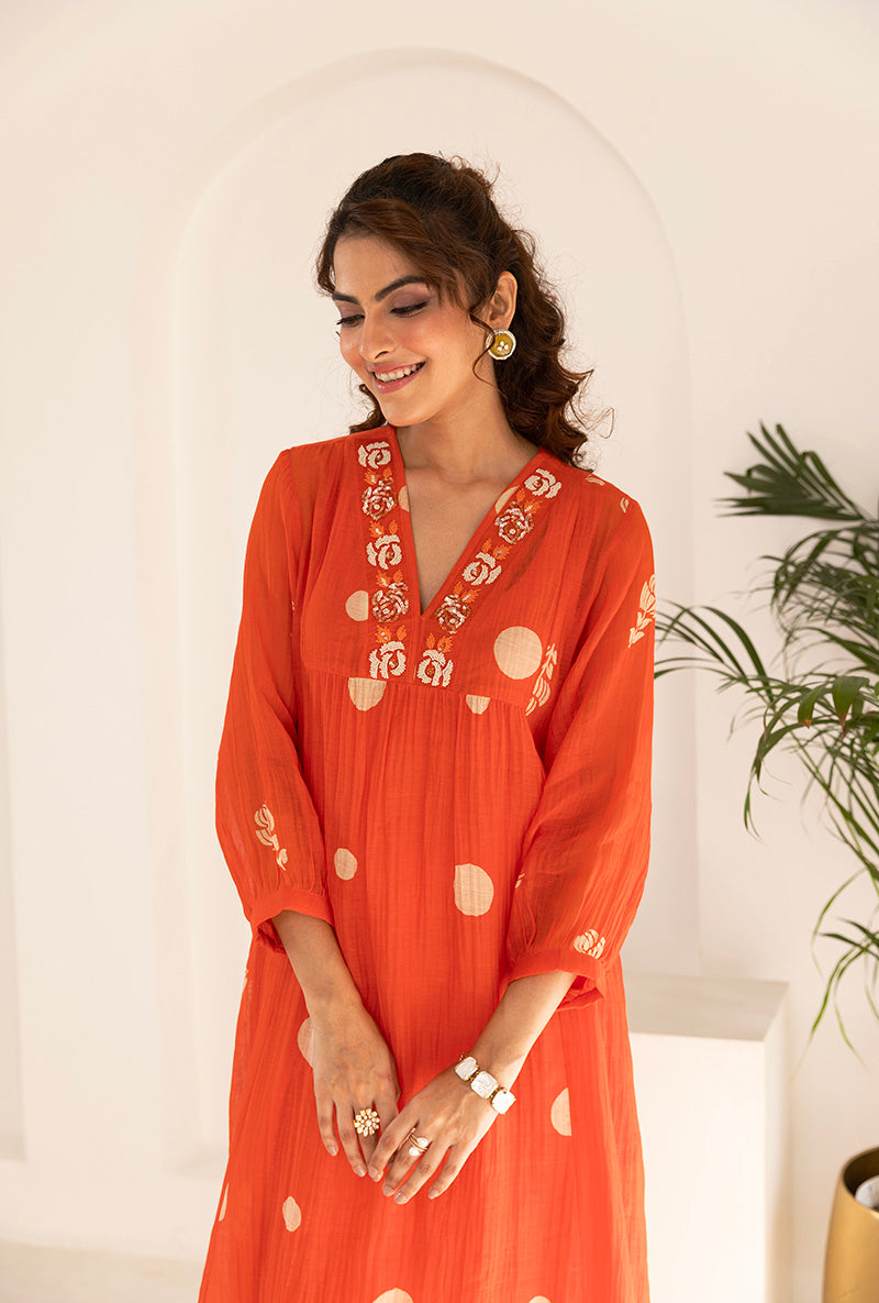 Mehal Kejriwal in Orange Polka  Hand Block Print Ruhi Kurta Set