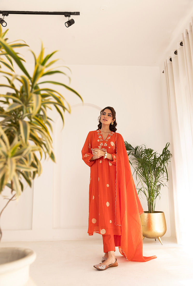 Mehal Kejriwal in Orange Polka  Hand Block Print Ruhi Kurta Set