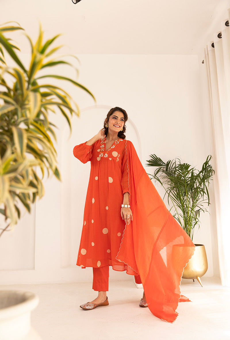Mehal Kejriwal in Orange Polka  Hand Block Print Ruhi Kurta Set