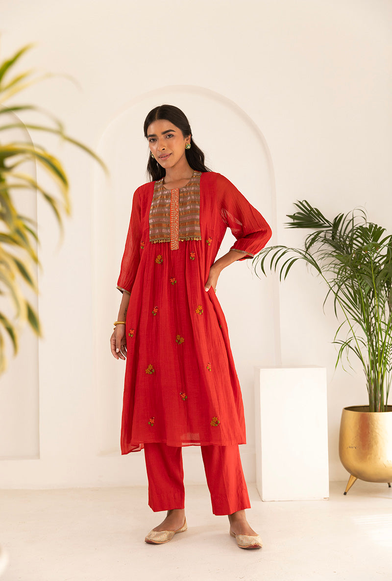 Red French Knot Ruhi Kurta Set
