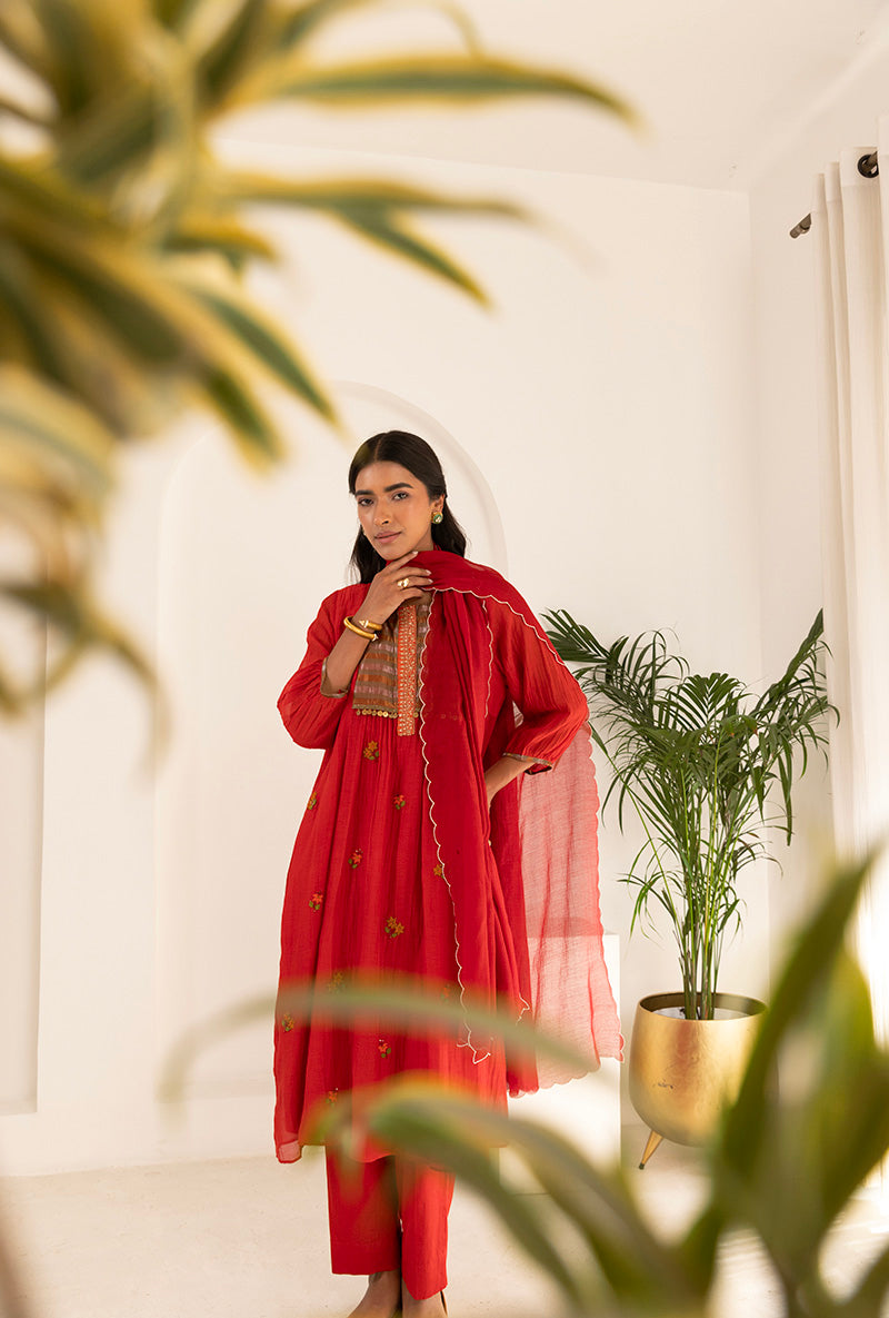 Red French Knot Ruhi Kurta Set