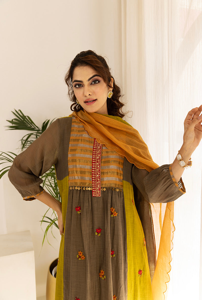 Olive French Knot Ruhi Kurta Set