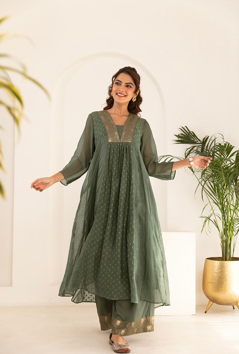 Sage Green Jacquard Panel Ruhi Anarkali Kurta Set