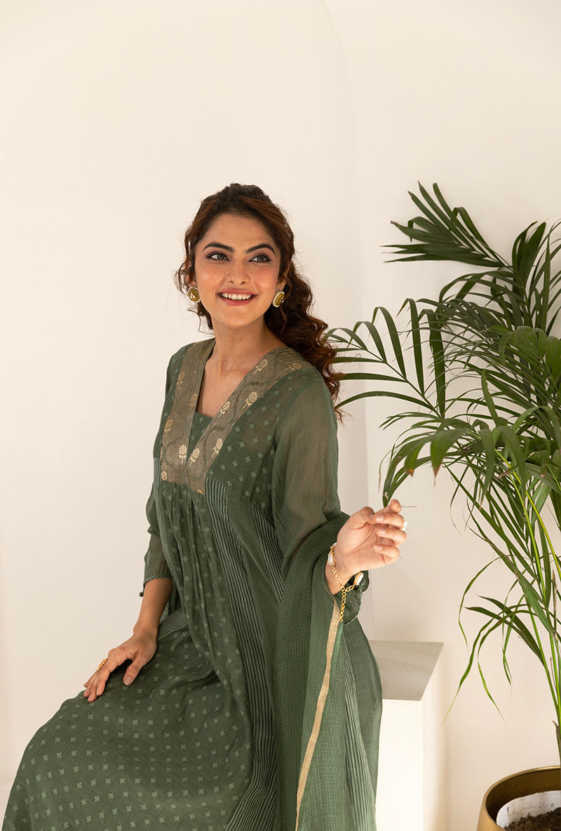 Sage Green Jacquard Panel Ruhi Anarkali Kurta Set