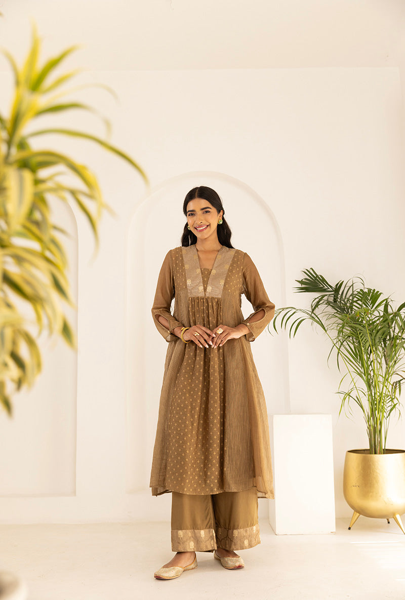 Sand Brown Jacquard Panel Ruhi Anarkali Kurta Set
