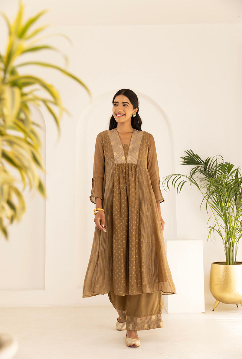 Sand Brown Jacquard Panel Ruhi Anarkali Kurta Set