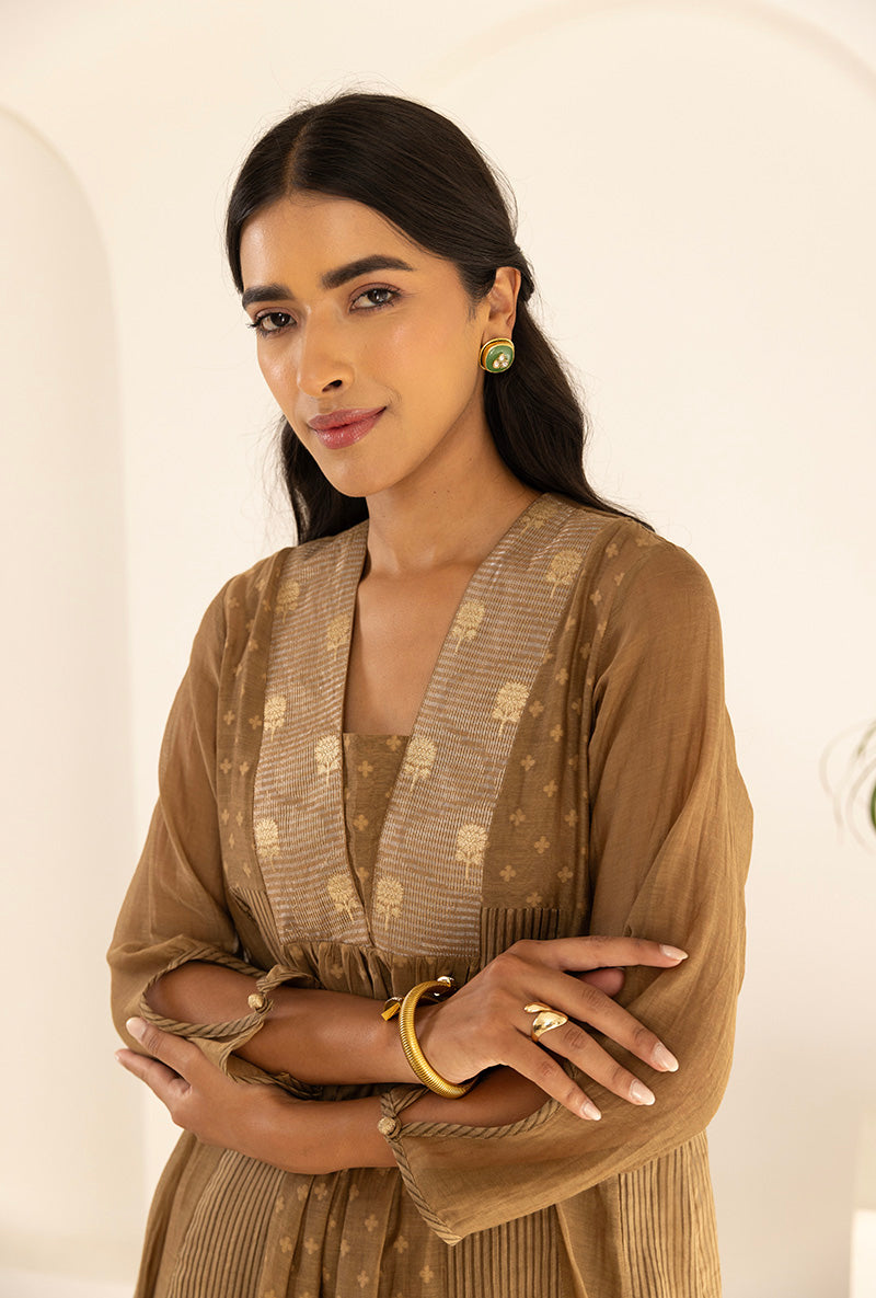 Sand Brown Jacquard Panel Ruhi Anarkali Kurta Set