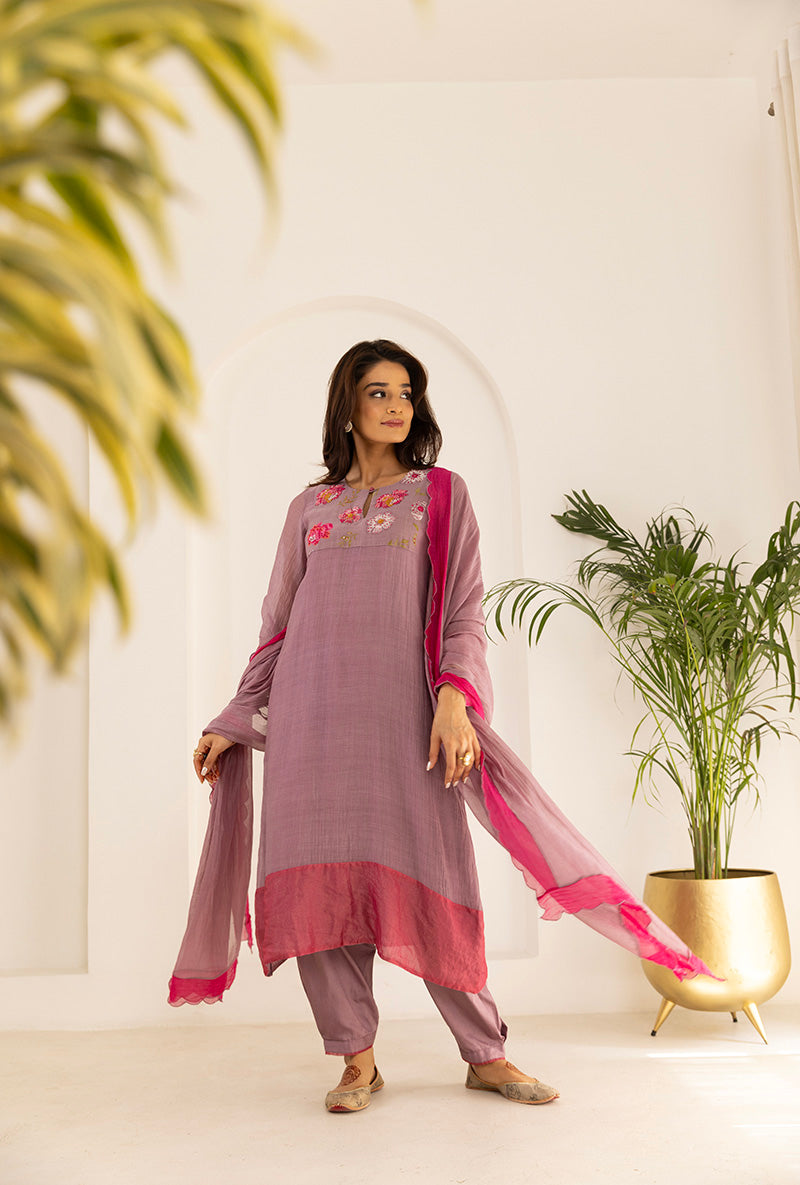 Lavender Sequin Floral Yoke Ruhi Kurta Set