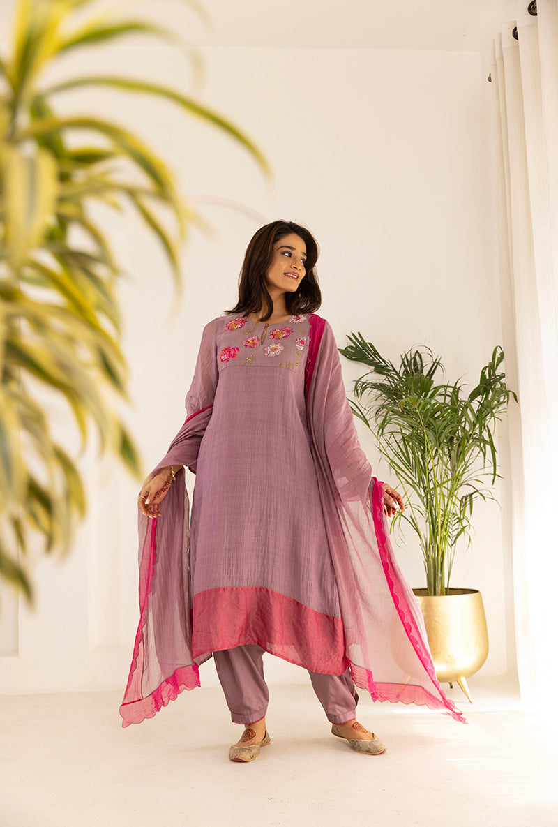 Lavender Sequin Floral Yoke Ruhi Kurta Set