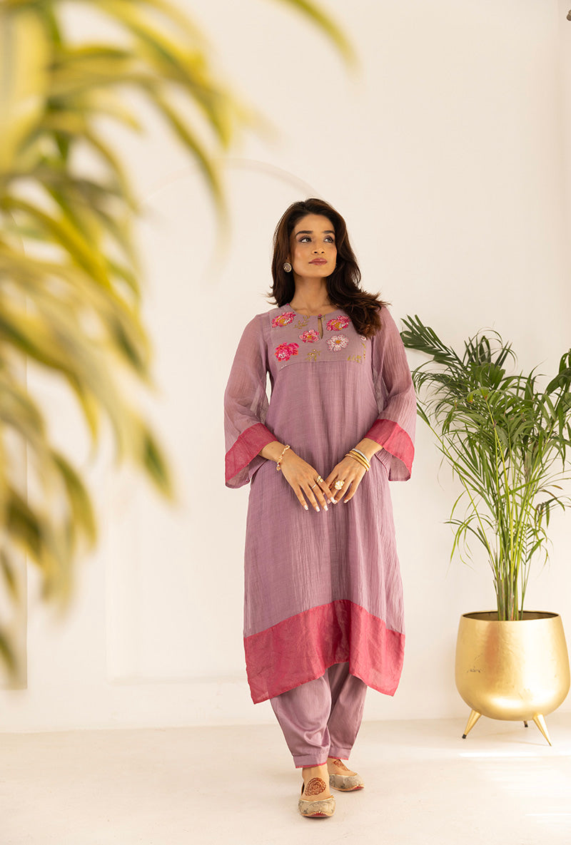 Lavender Sequin Floral Yoke Ruhi Kurta Set