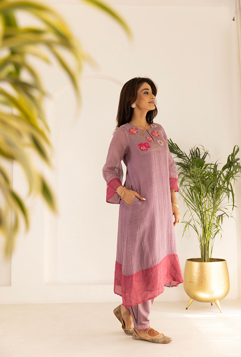 Lavender Sequin Floral Yoke Ruhi Kurta Set