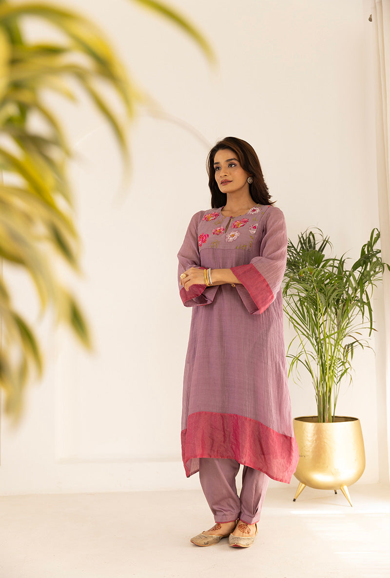 Lavender Sequin Floral Yoke Ruhi Kurta Set