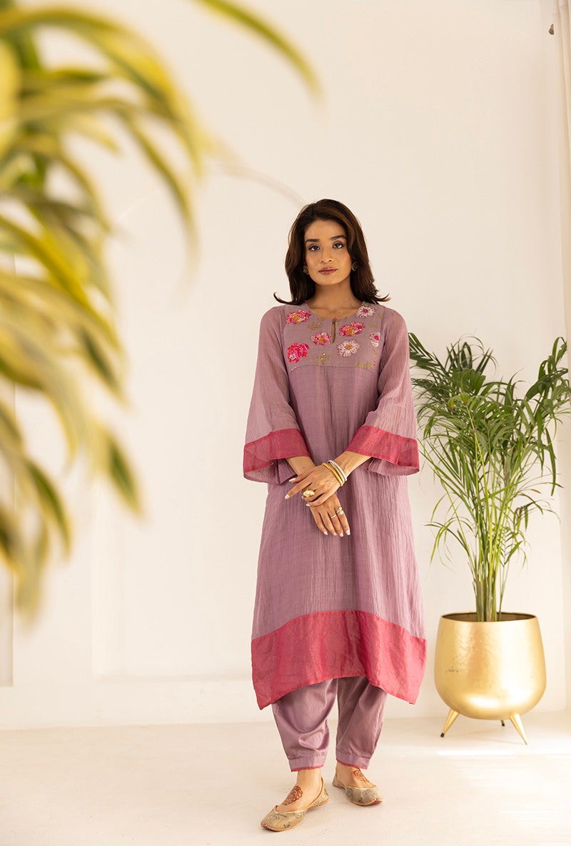 Lavender Sequin Floral Yoke Ruhi Kurta Set