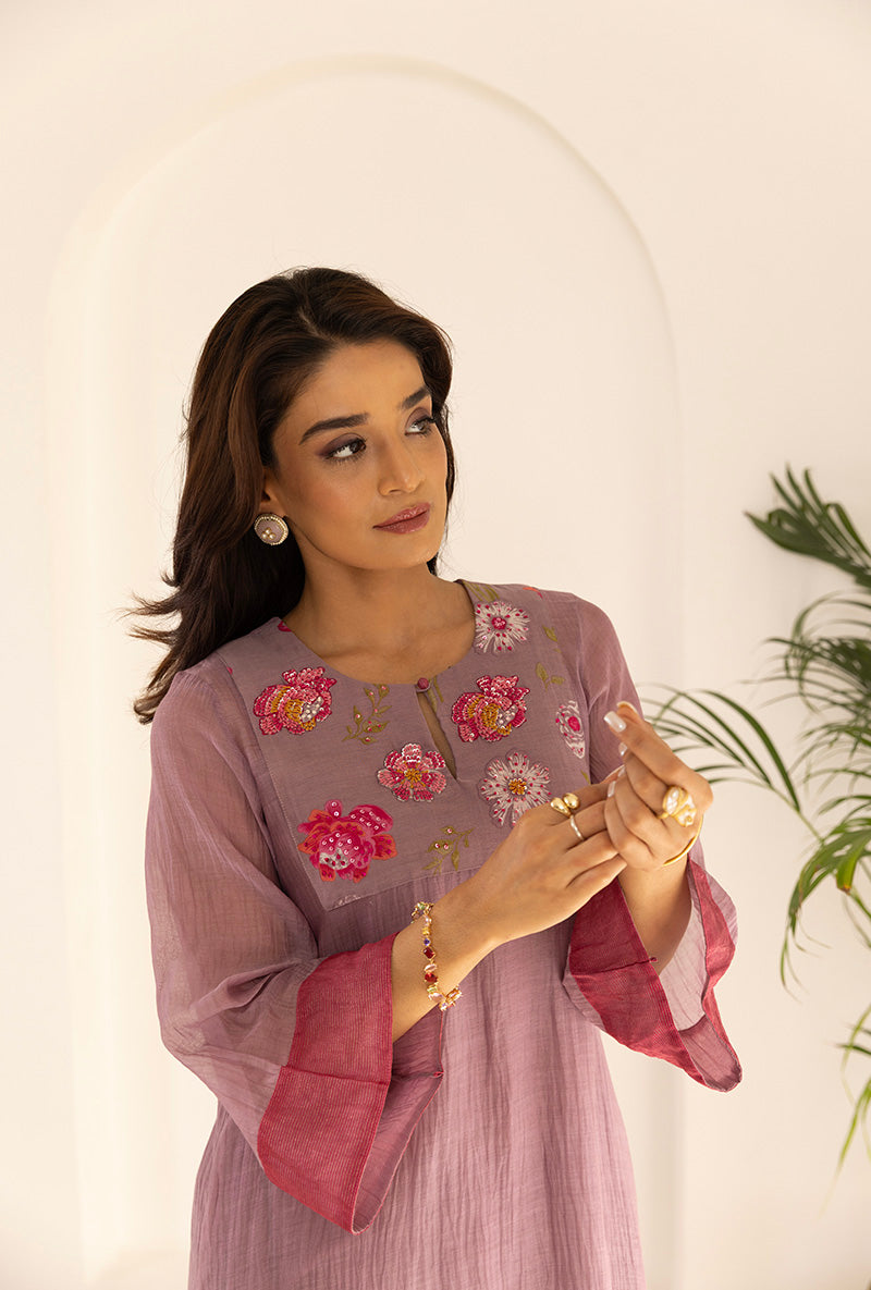 Lavender Sequin Floral Yoke Ruhi Kurta Set