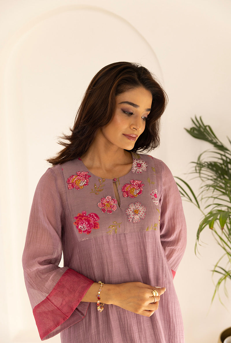 Lavender Sequin Floral Yoke Ruhi Kurta Set