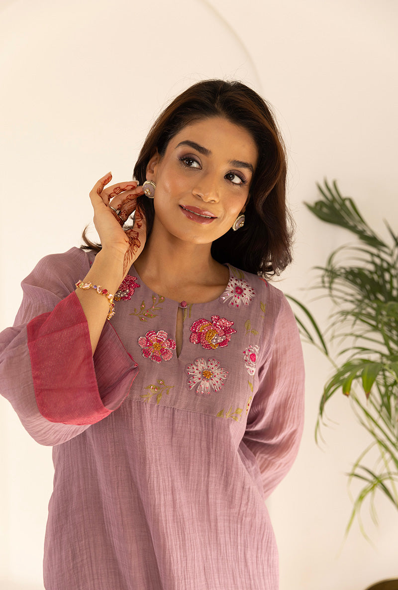 Lavender Sequin Floral Yoke Ruhi Kurta Set