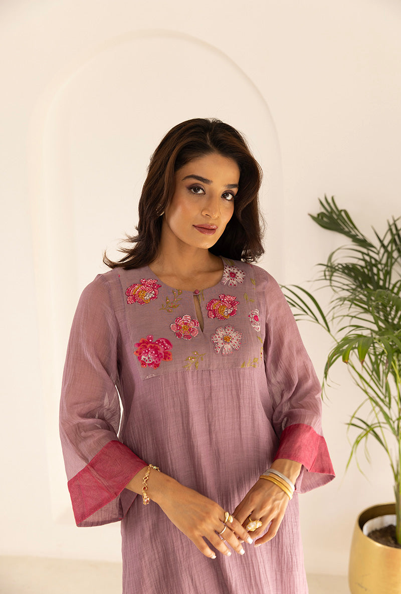 Lavender Sequin Floral Yoke Ruhi Kurta Set