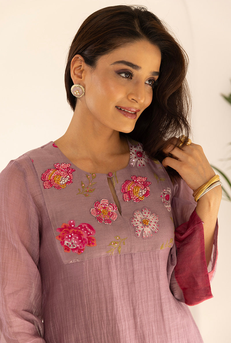 Lavender Sequin Floral Yoke Ruhi Kurta Set