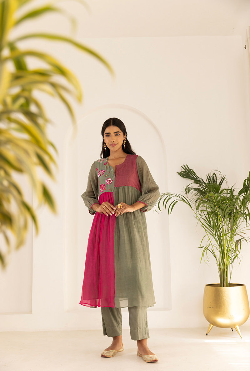 Green And Pink Contrast Sequin Yoke Ruhi Kurta Set