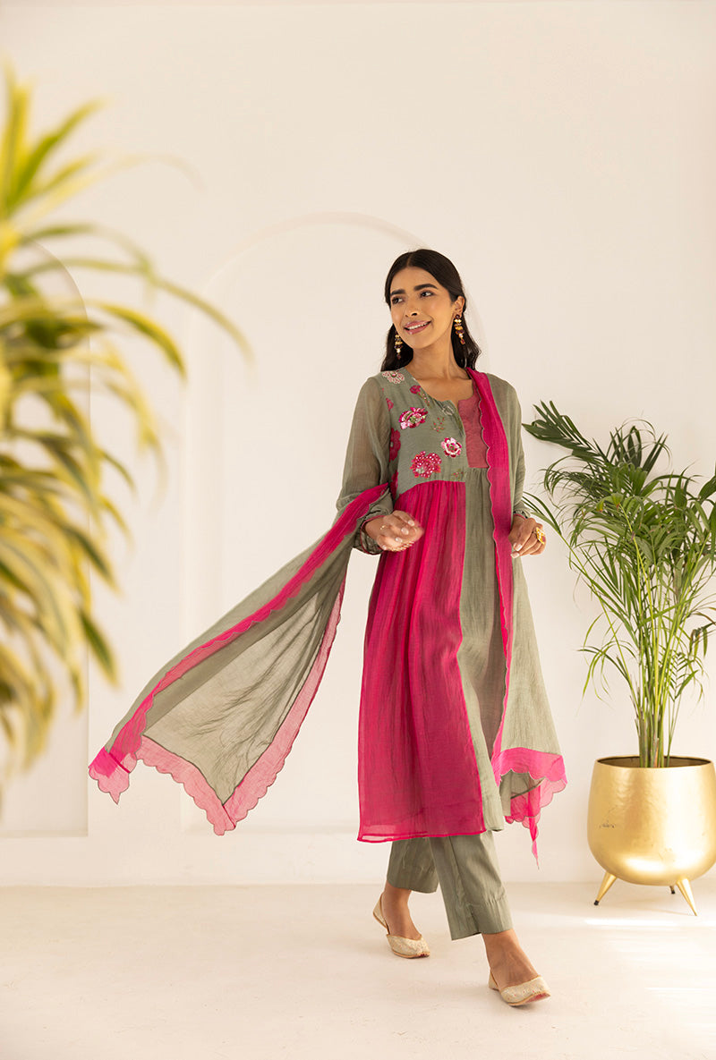 Green And Pink Contrast Sequin Yoke Ruhi Kurta Set