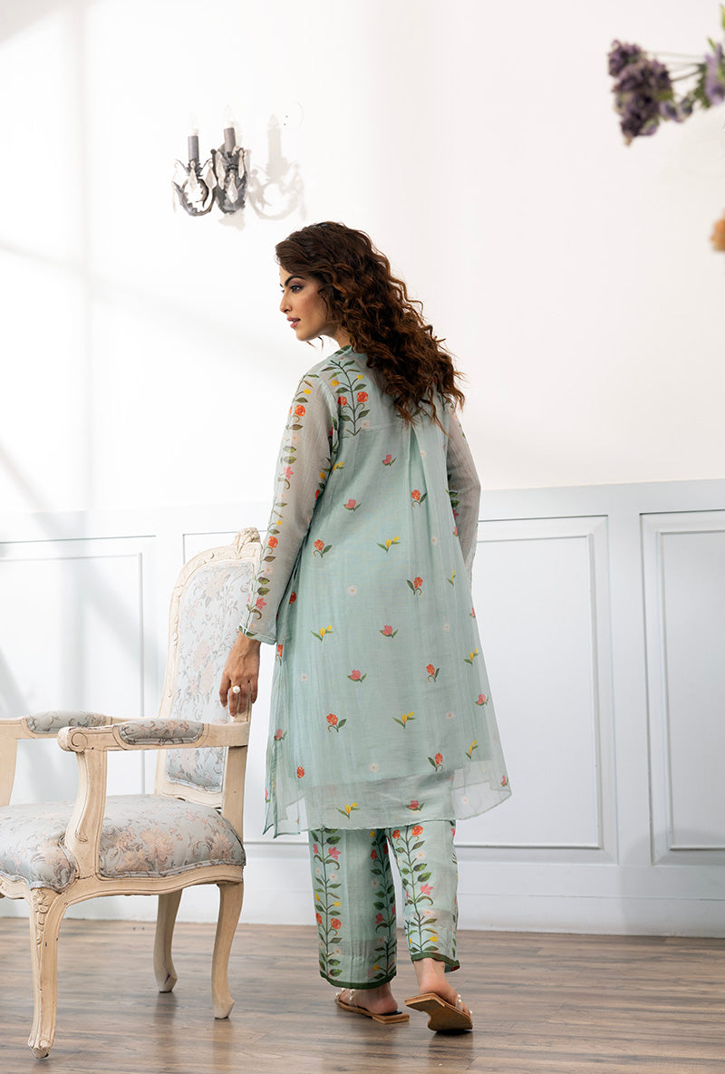 Ice Blue V Neck Printed Dahlia Co-ord Set