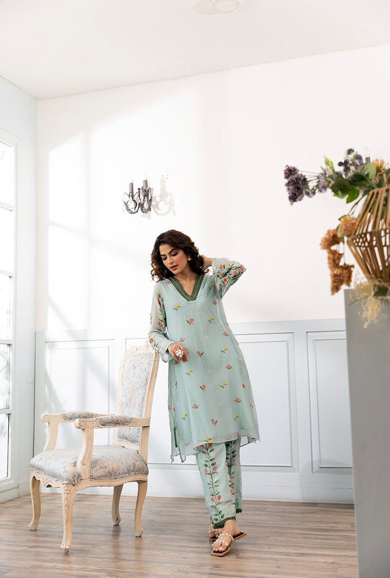 Ice Blue V Neck Printed Dahlia Co-ord Set