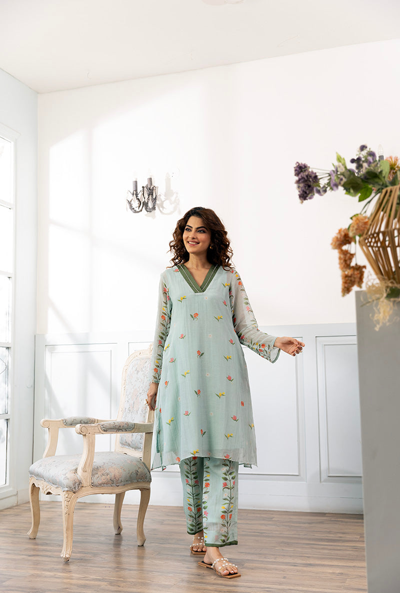 Ice Blue V Neck Printed Dahlia Co-ord Set
