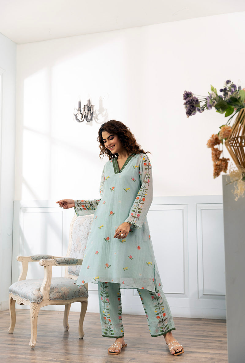 Ice Blue V Neck Printed Dahlia Co-ord Set