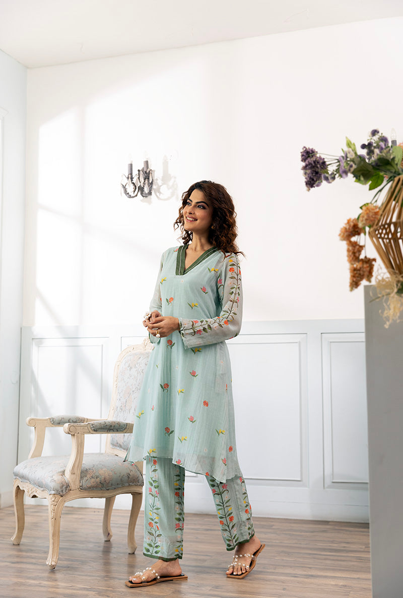 Ice Blue V Neck Printed Dahlia Co-ord Set