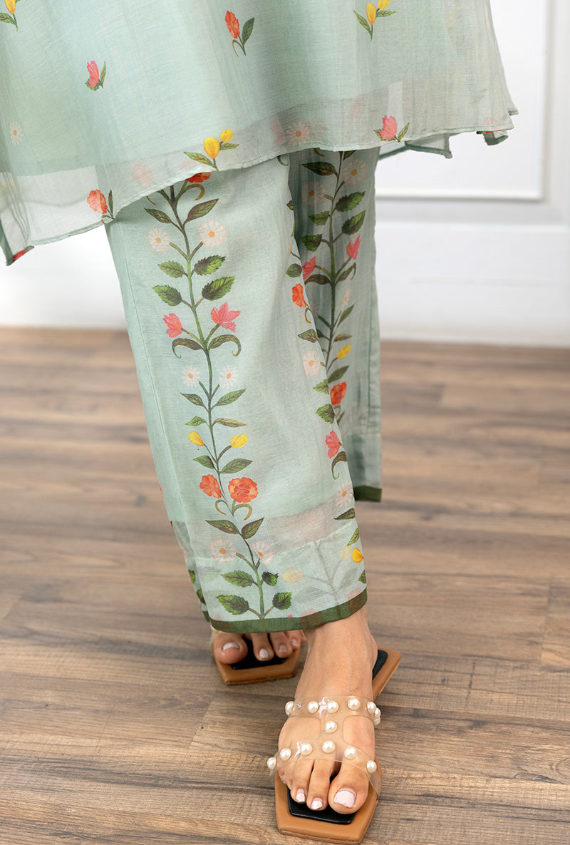 Ice Blue V Neck Printed Dahlia Co-ord Set