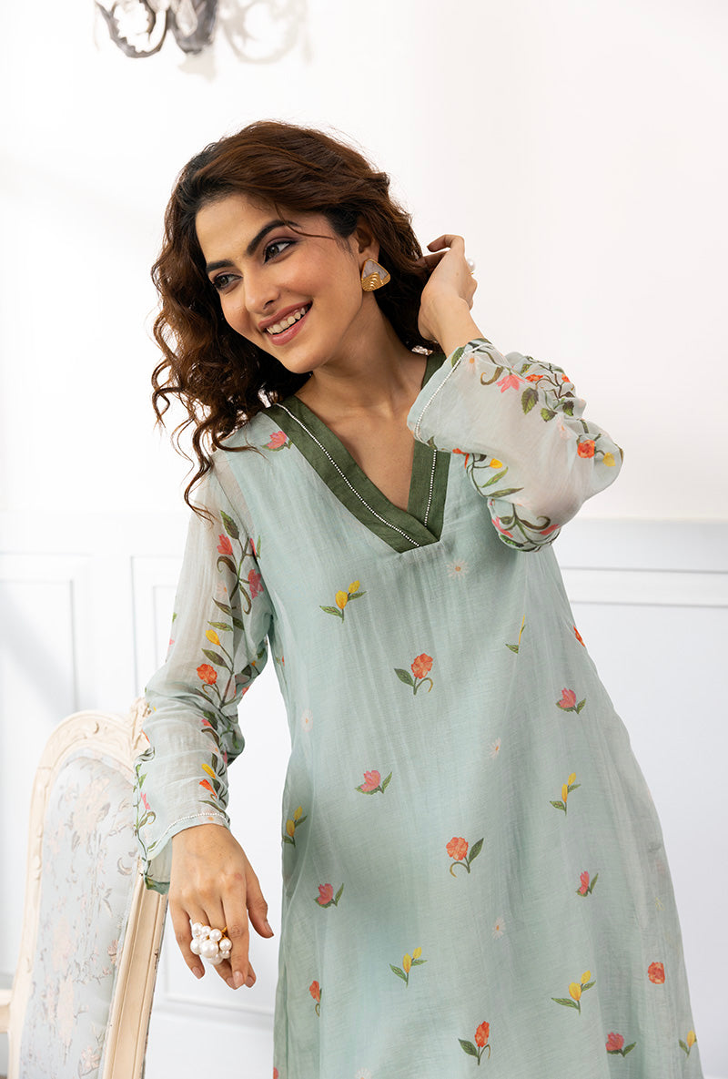 Ice Blue V Neck Printed Dahlia Co-ord Set