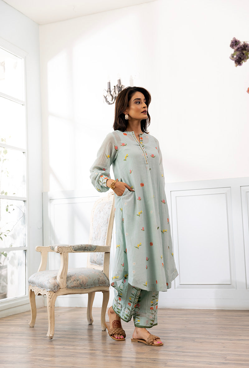 Ice Blue Printed Dahlia Kurta Set