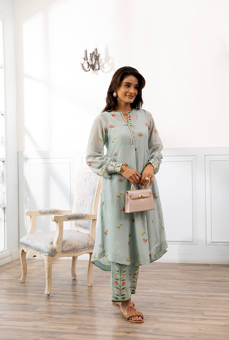 Ice Blue Printed Dahlia Kurta Set