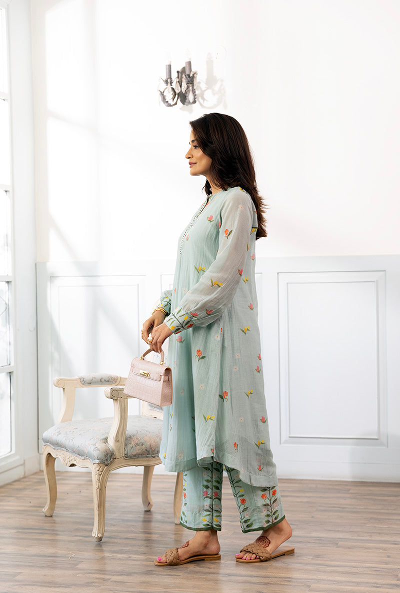 Ice Blue Printed Dahlia Kurta Set