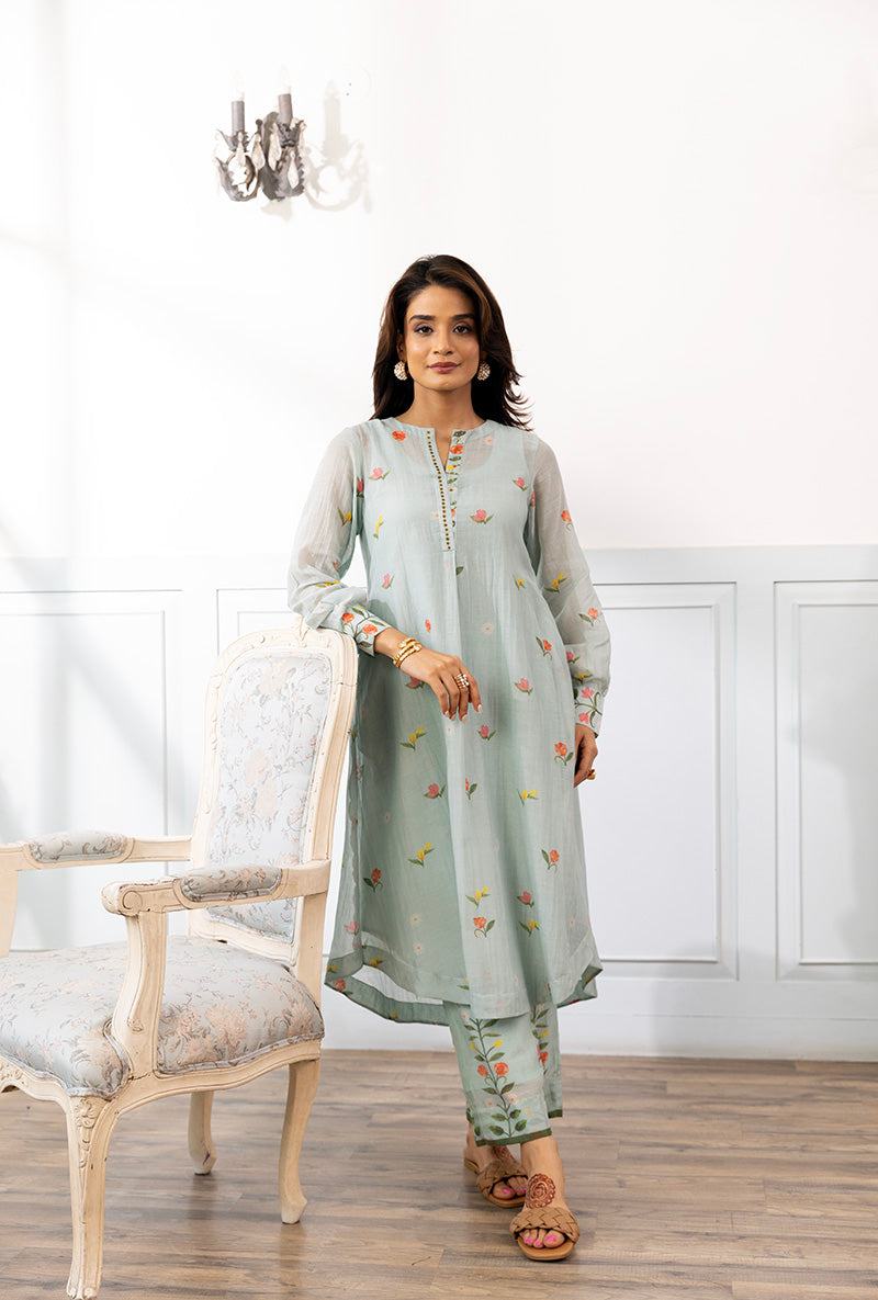 Ice Blue Printed Dahlia Kurta Set