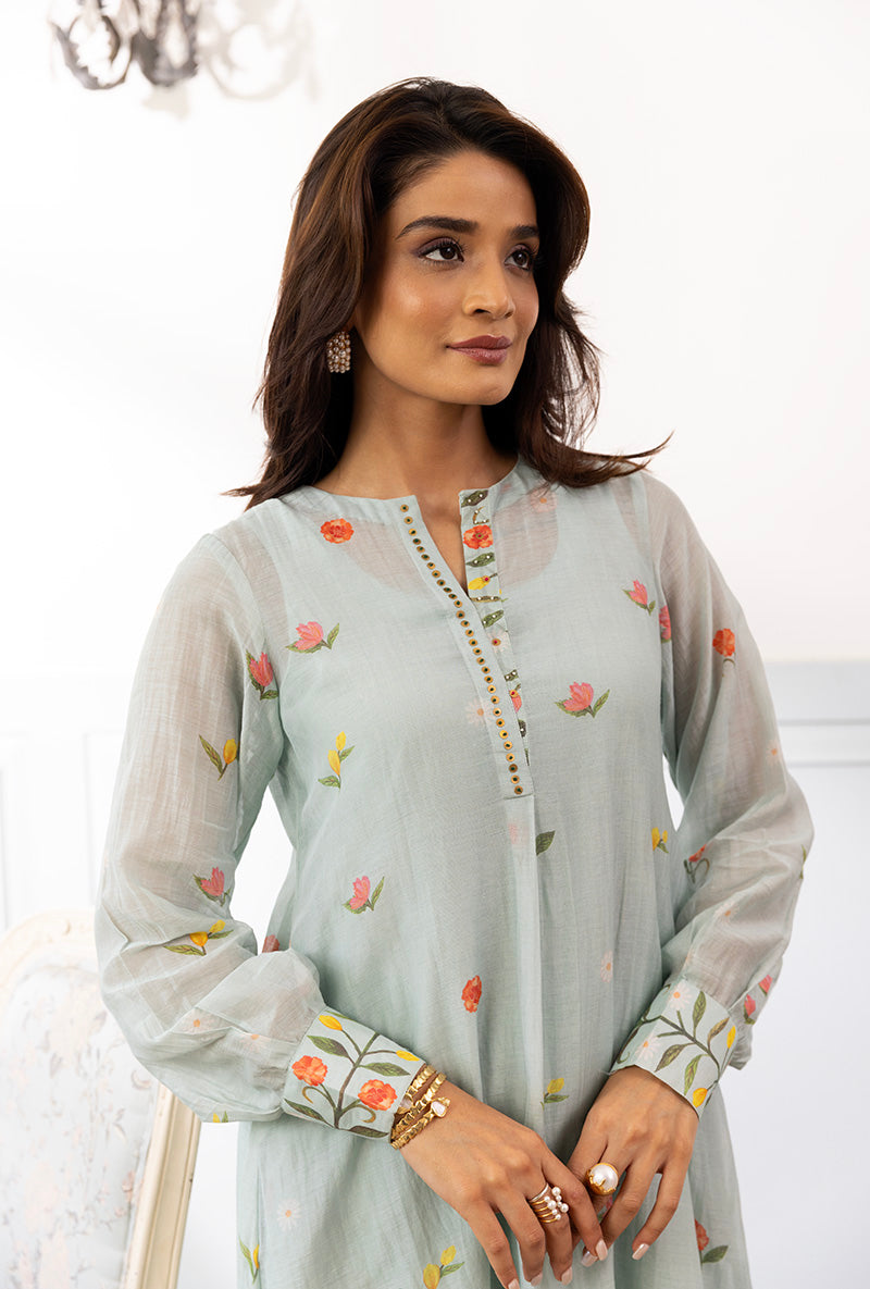 Ice Blue Printed Dahlia Kurta Set