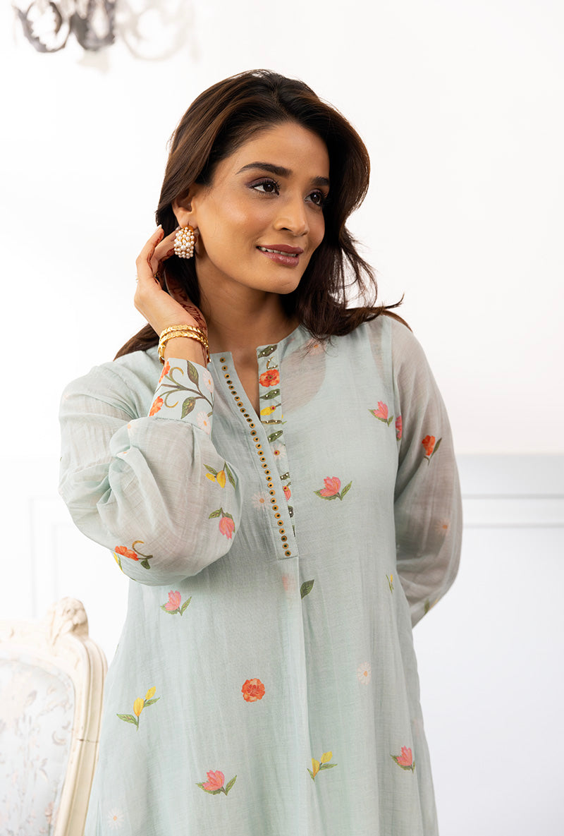 Ice Blue Printed Dahlia Kurta Set