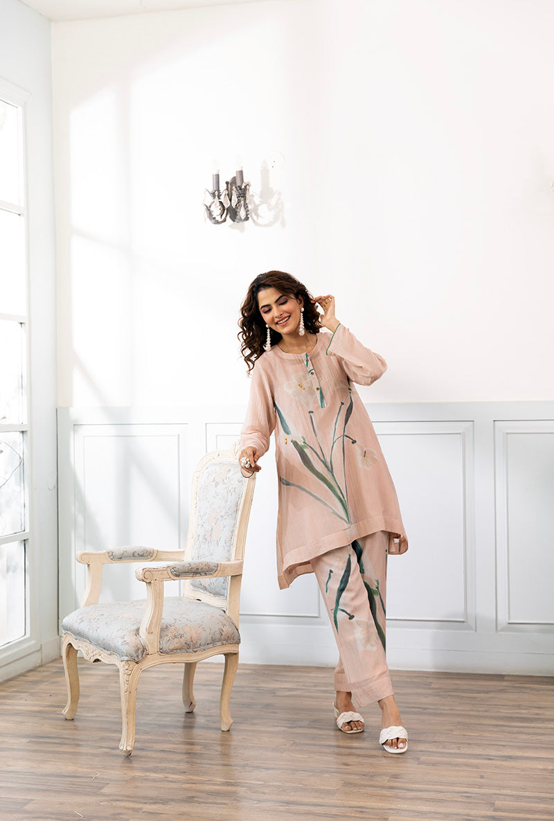 Peach Printed Dahlia Co-ord Set